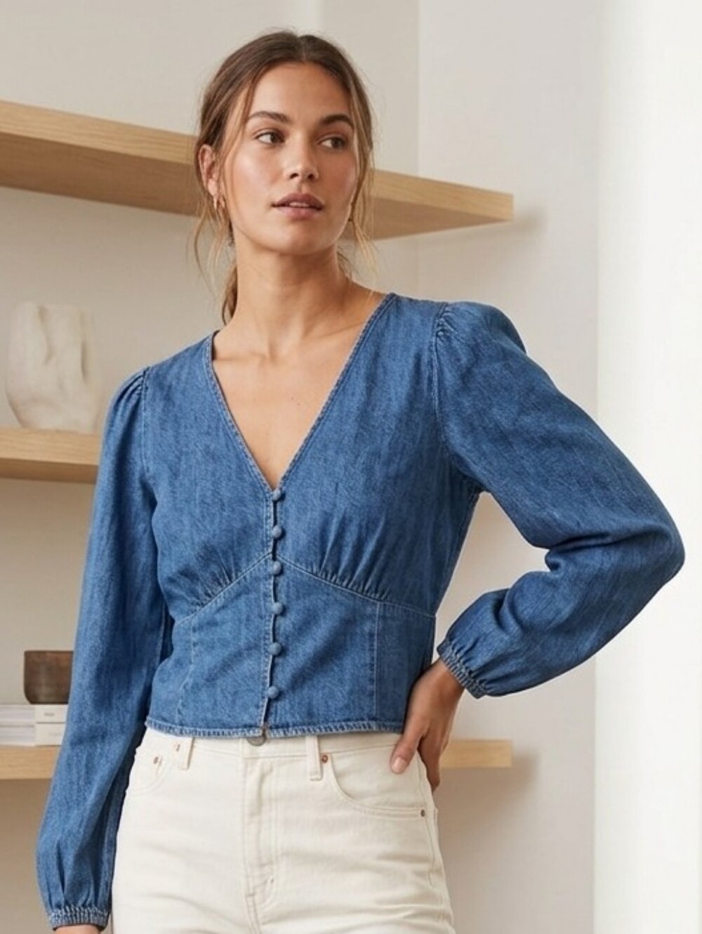 Levi's Denim Puff Sleeve Top V-Neck Fitted Waist Button Blouse Sz S